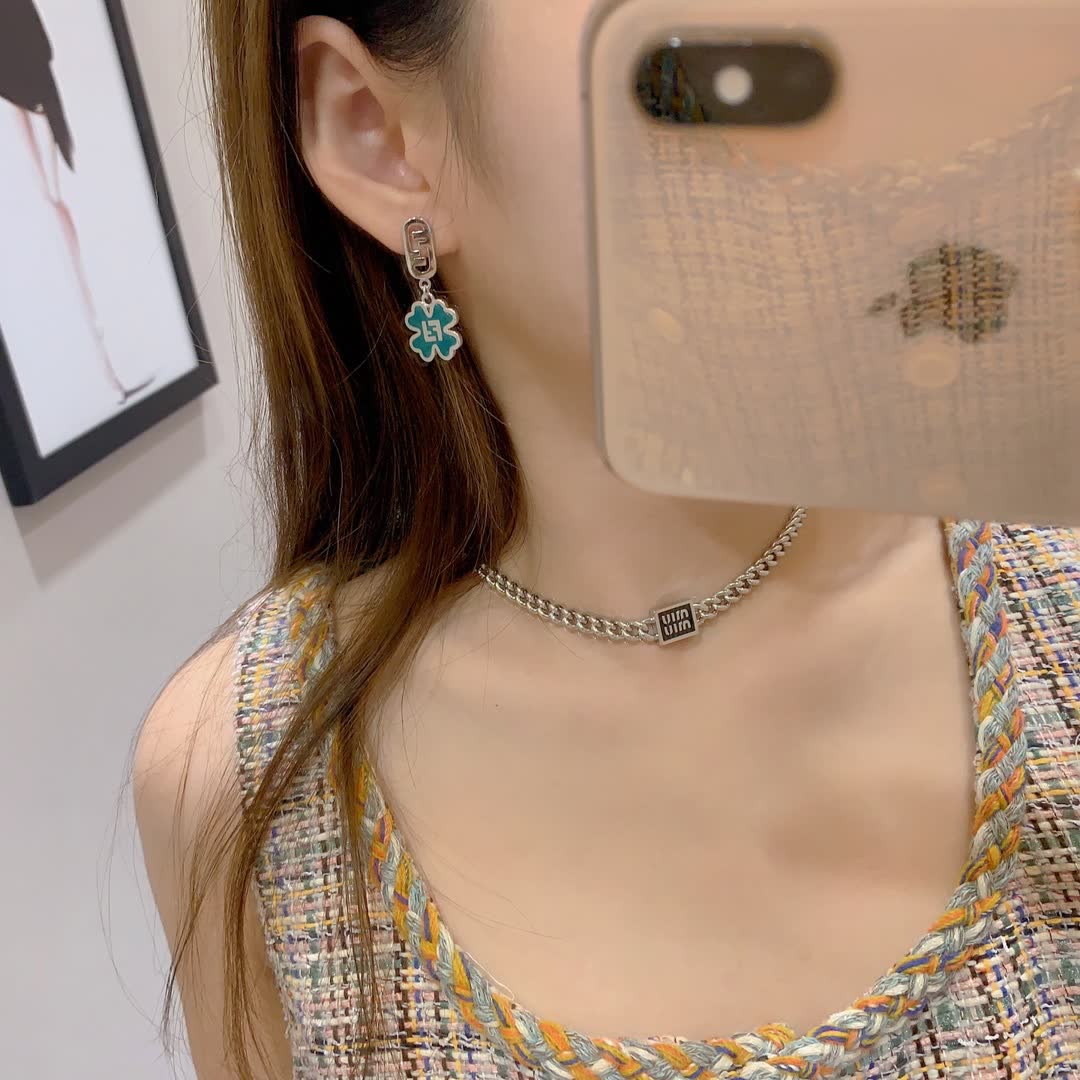 Chanel Earrings - Silver with Green Enamel Flower